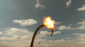 Helicopter exploding on impact with giant tentacle